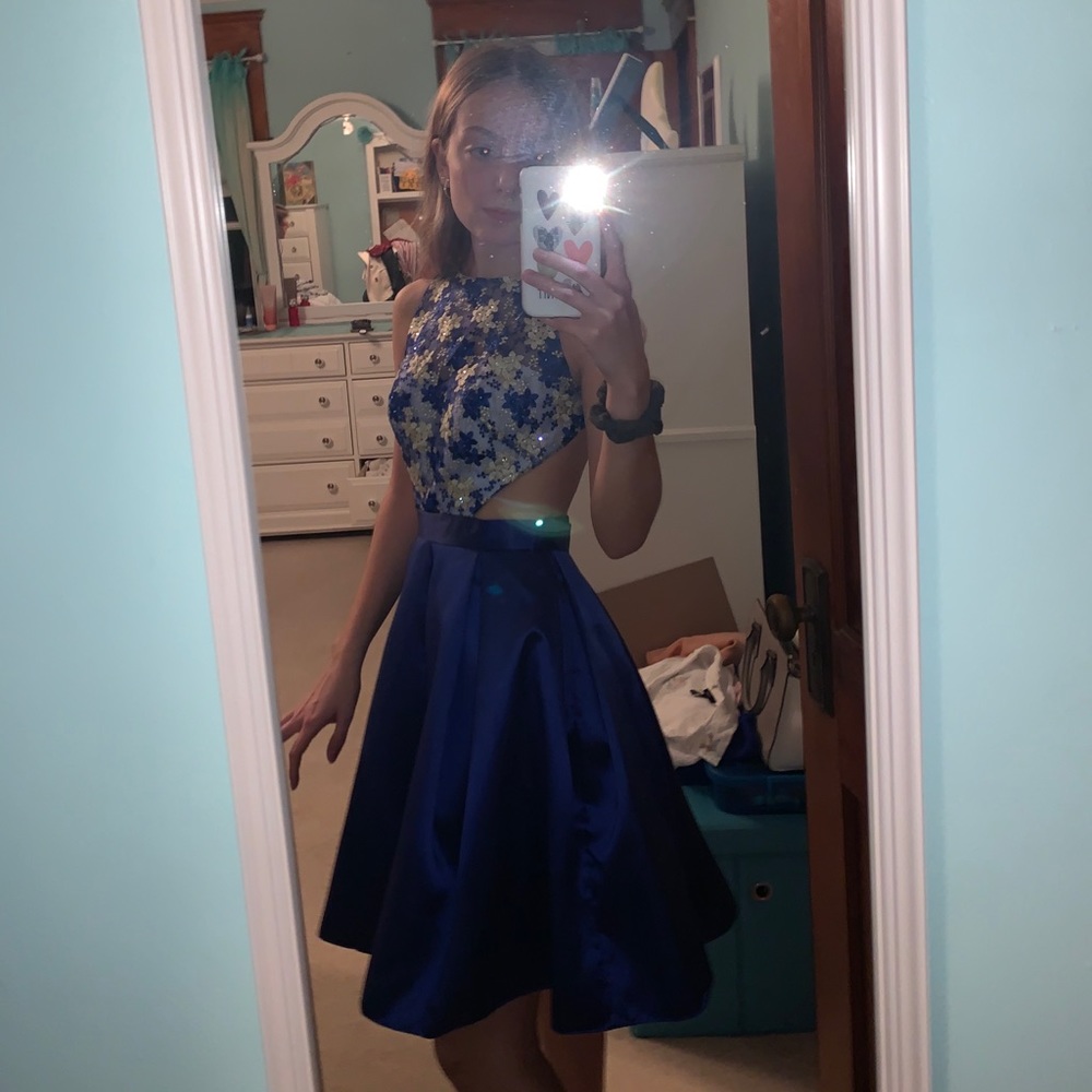 Semi-Formal Blue Dress with Floral Top